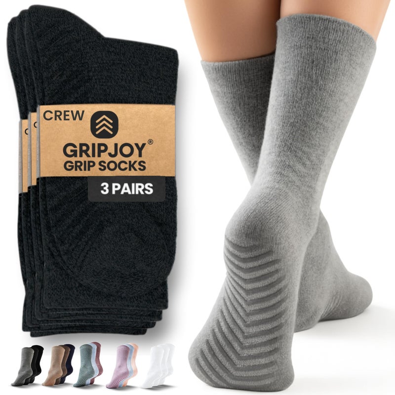 Gripjoy Grip Socks for Women, Grippy, Non Slip, Gripper Socks for Women & Men, Pilates, Yoga, Hospital, Non Skid, 3 Pairs, Crew, Mix Beige - Image 1